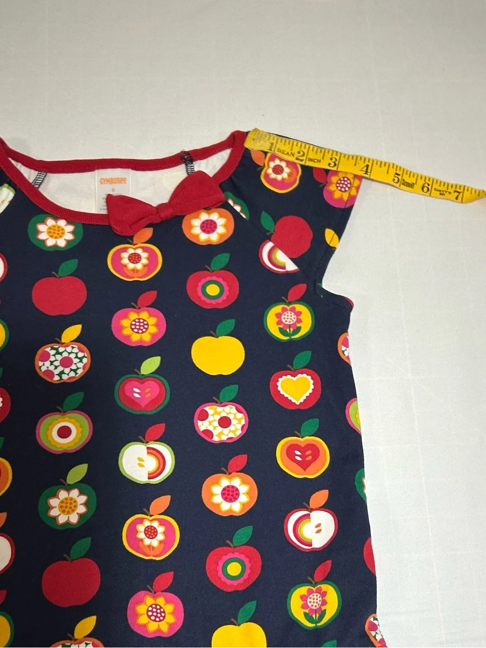 Gymboree Girls 6 Navy Apple Orchard Short Sleeve Drop Waist Dress School Fall